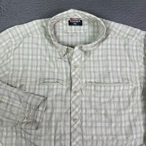Simms Fishing Shirt Mens 2XL Beige Green Plaid Long Sleeve Vented Button Front